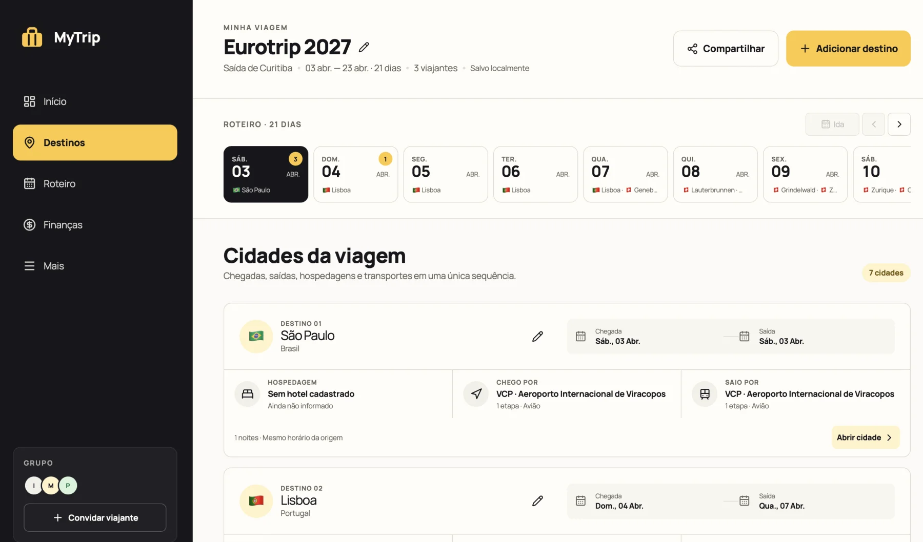 Tela Destinos do MyTrip: cidades da viagem com chegada, saída, hospedagem e transportes