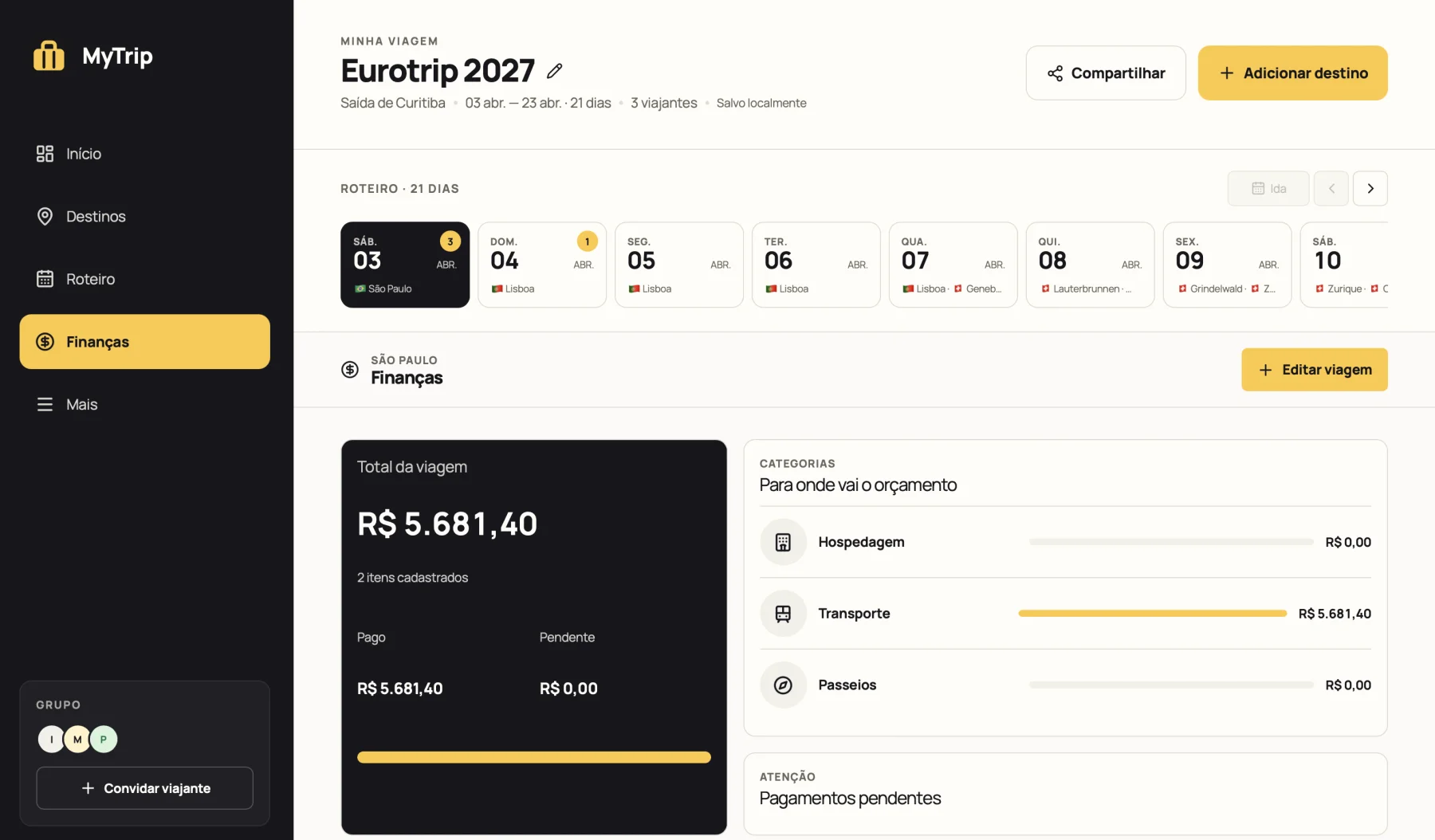 Tela Finanças do MyTrip: total da viagem, pago e pendente e gasto por categoria