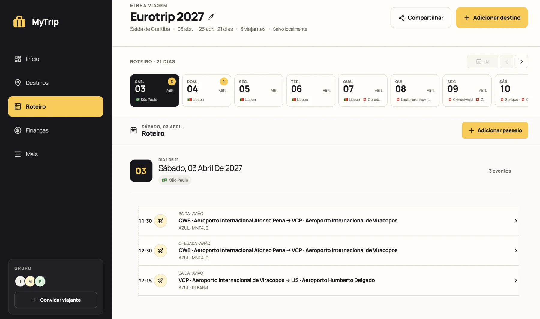 Tela Roteiro do MyTrip: o dia 1 da viagem com três eventos de voo em ordem de horário